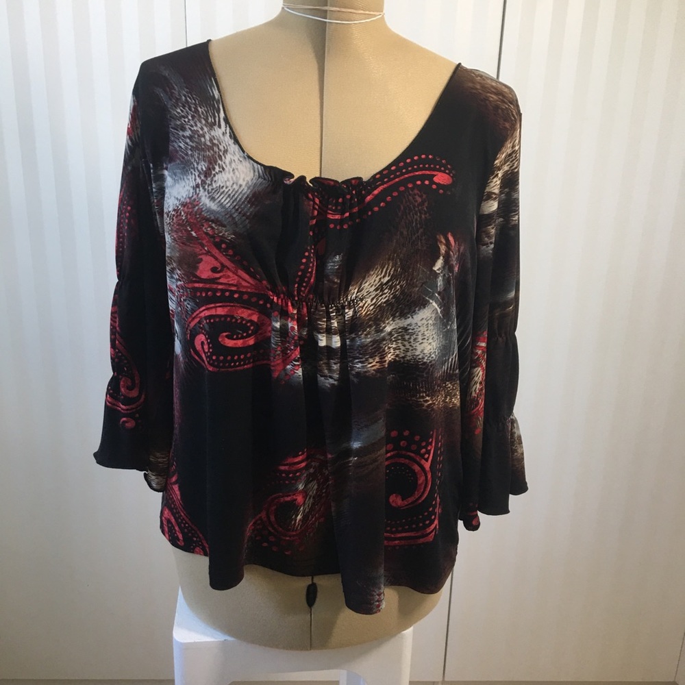 Lana Lee petite red black white blouse never wrinkle ruffled sleeves Size XL
